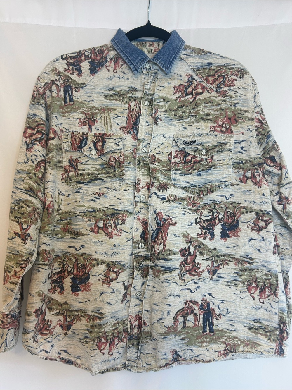 Vintage Guess Denim Collar Printed Western Shirt Jacket - Multicolor